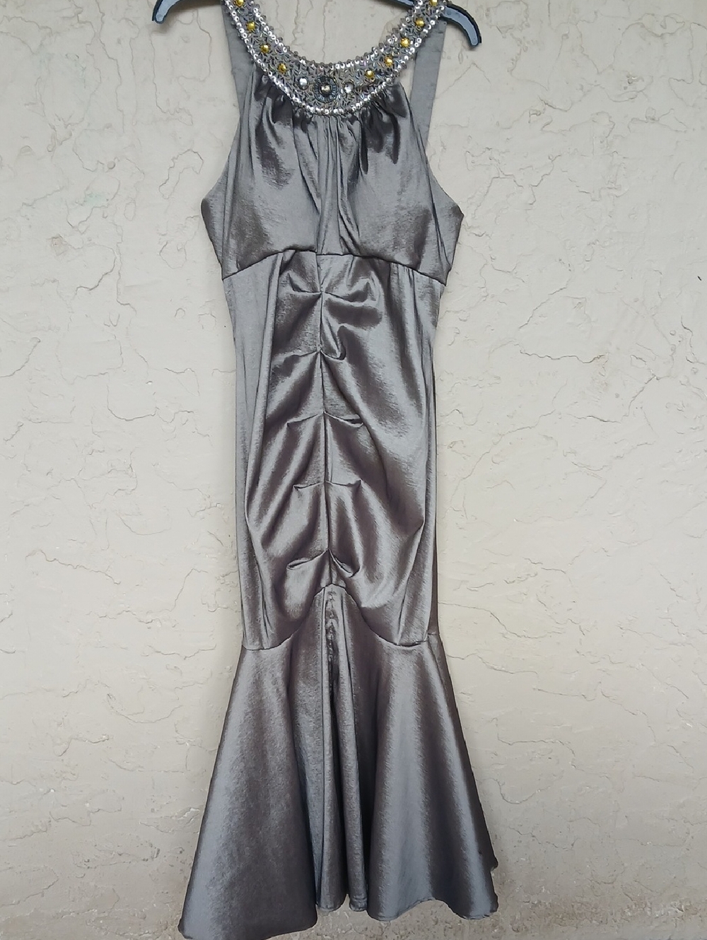 R&M Richards Silver Jeweled Halter Satin Maxi Gown